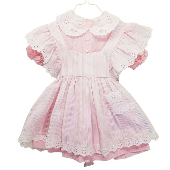 Mini World 2T Pink Stripe Dress Vintage Eyelet Lace 4T Pinafore Prairie Floral - Picture 1 of 8